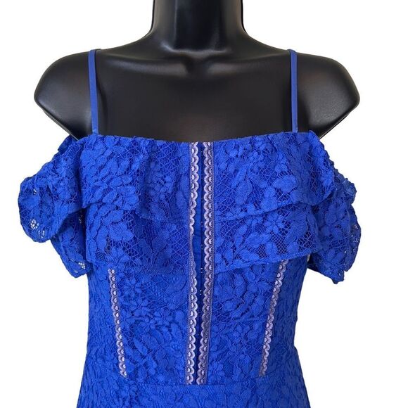 BEBE Cobalt Blue Lace CORSET Inspired Off the Shoulder DRESS - Picture 3 of 15